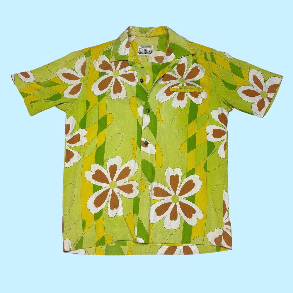 Vintage Napili Hawaiian Shirt Mens Green Yellow Psychedelic Floral 60s Mod